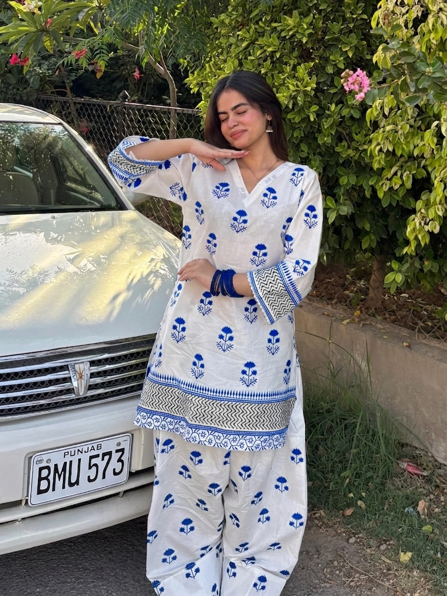 KB Collection Front and Back White & Blue Berry Printed Shirt with Farshi Shalwar 2pcs - Image 2